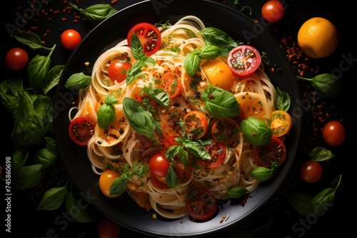 Pasta jumped with tomatoes, pepper, pepper seeds and basil on a white plate., generative IA