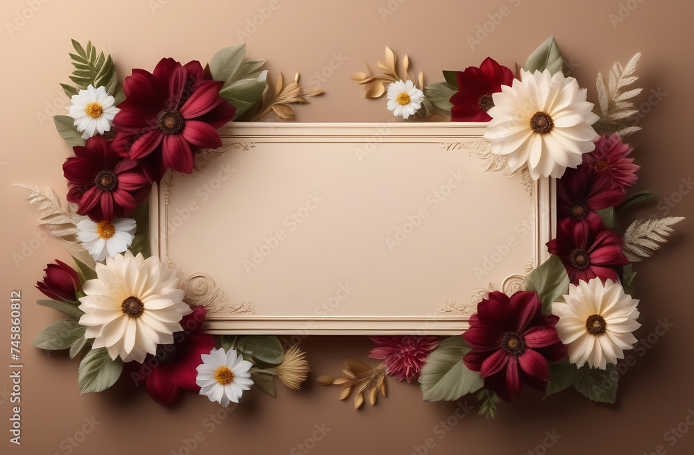 Banner for a greeting card surrounded by flowers in brown and beige tones Banner for a greeting card surrounded by flowers in brown and beige tones