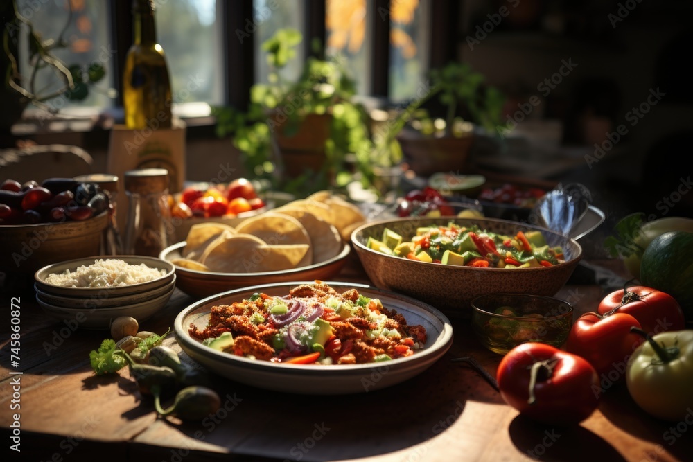 Dining table full of traditional Mexican dishes and salads, generative IA