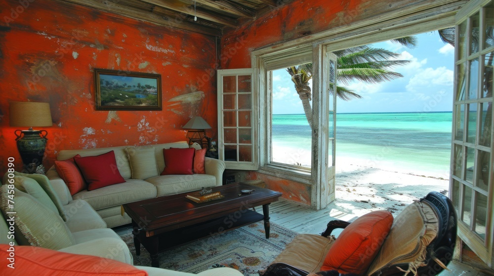 Fototapeta premium Serene Escape: A Rustic Coastal Living Room Overlooking the Tranquil Sea
