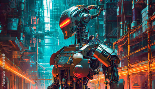 Portrait of the robot on the futuristic city background. 