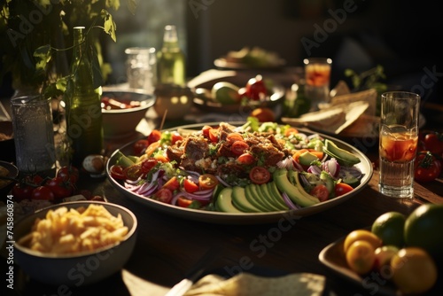 Dining table full of traditional Mexican dishes and salads, generative IA