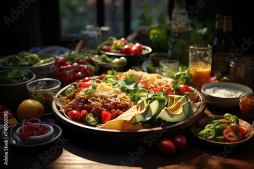 Dining table full of traditional Mexican dishes and salads, generative IA