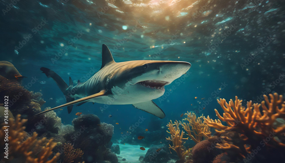 White shark swimming under water in the corals and sun shine.	