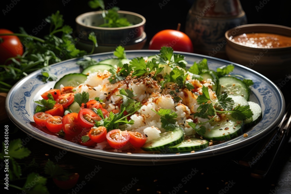 Front -sought scrambled eggs with tomato slices and cucumber with herbs on a plate, generative IA