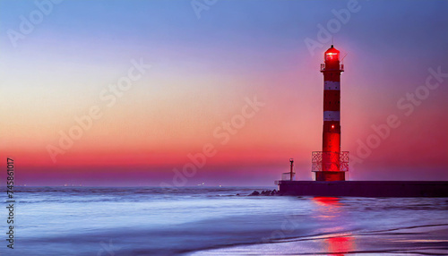 Lighthouse at sunset on sea background.