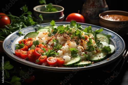 Front -sought scrambled eggs with tomato slices and cucumber with herbs on a plate  generative IA
