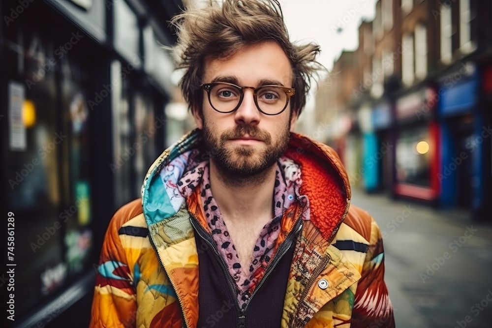 Portrait of a handsome young man wearing eyeglasses and a colorful jacket