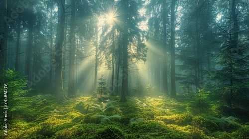A serene forest scene with rays of sunlight piercing through the mist, highlighting the lush greenery and ferns below.