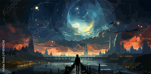 outer space journey concept showing a man looking at the giant whale flying in the beautiful sky, digital art style, illustration painting