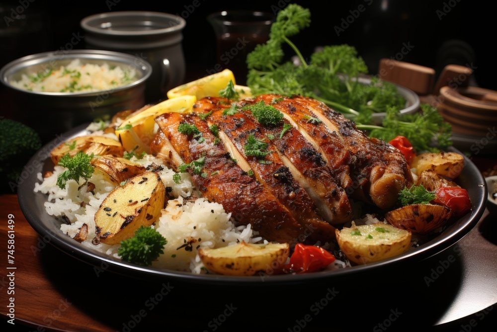 Chicken breast, rice, beans, potatoes and crumbs with side dishes, generative IA
