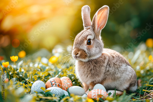 Cute little bunny rabbit sitting in field of grass and flowers with several eggs around it.