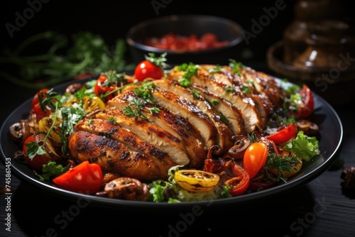 Grilled chicken breast. Baked and grilled chicken breast with lettuce salad, tomat, generative IA