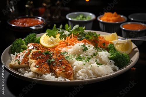 Chopped chicken breast, prepared with sauce and served with rice salad and soup, generative IA
