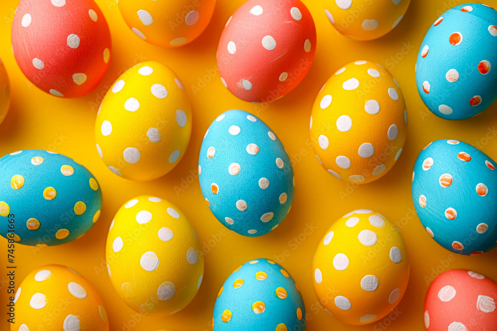 Many brightly colored eggs with yellow and blue spots are gathered together.