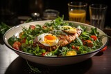 Dish with a dietary food. Cherry tomatoes, chicken breast, eggs, carrots, salad wi, generative IA