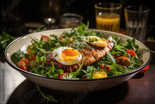 Dish with a dietary food. Cherry tomatoes, chicken breast, eggs, carrots, salad wi, generative IA