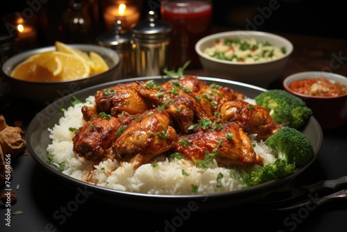 Chicken plate with chicken pieces in tomato sauce, served with rice and tomatoes, generative IA