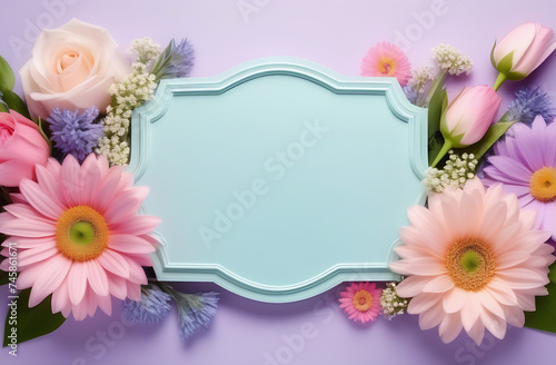 
Banner for a greeting card surrounded by flowers in pastel colors