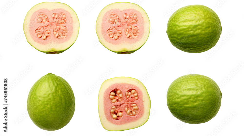 Guava Slices Set: Colorful Tropical Fruit Isolated on Transparent Backgrounds, Ideal for Fresh Food Market Concepts & Graphic Designs.