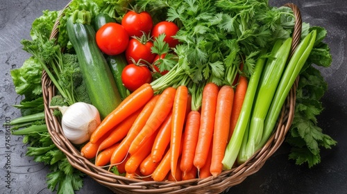 Fresh veggies and herbs in a basket