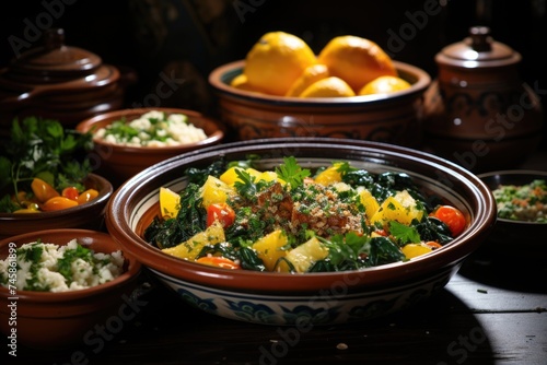 Traditional Tajine dishes, couscous and fresh salad on the rustic wooden table. Ta, generative IA