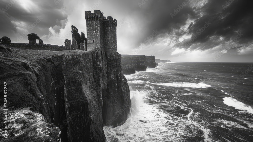 Stormy seascape featuring a medieval castle perched on jagged cliffs ...