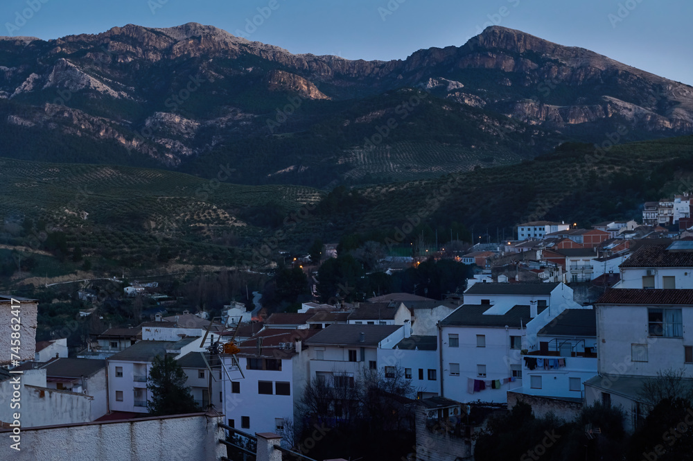 White houses in the mountains at sunset. Quesada. Jaen. Andalusia. Spain