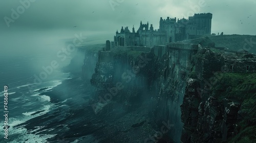 Misty and dark atmospheric view of a medieval castle perched on rugged cliffs beside an ocean, invoking a sense of mystery and fantasy.