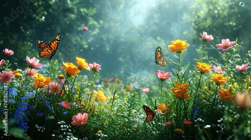 A peaceful garden scene with butterflies fluttering.