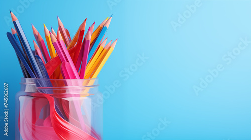 Vivid Colored Pencils in Transparent Jar with Blue Hue photo