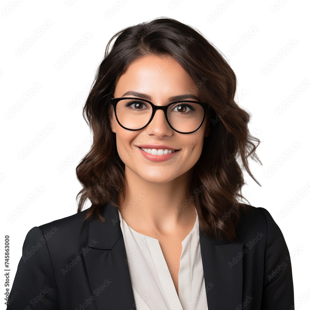 Portrait of a smiling happy businesswoman wearing glasses, isolated on transparent background Portrait of a smiling happy businesswoman wearing glasses, isolated on transparent background