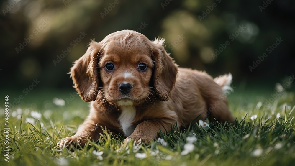 Cachorrito Cocker spaniel, echado en el pasto Cachorrito Cocker spaniel, echado en el pasto