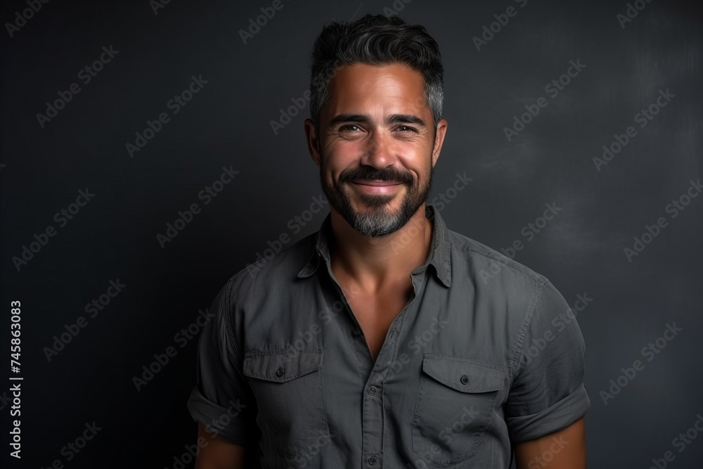 Portrait of a handsome bearded Indian man on a dark background.