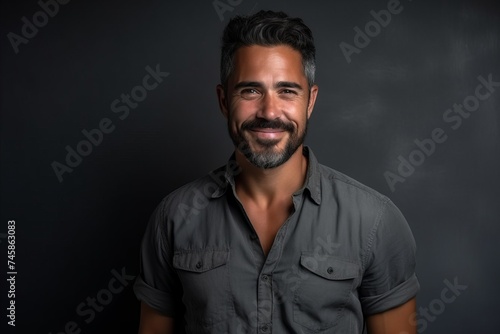 Portrait of a handsome bearded Indian man on a dark background.