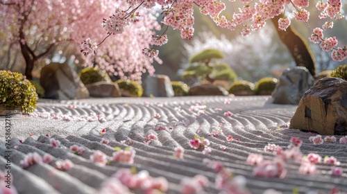 Tranquil Japanese zen garden with raked sand, scattered cherry blossoms, and soft sunlight creating a serene atmosphere for relaxation or meditation.