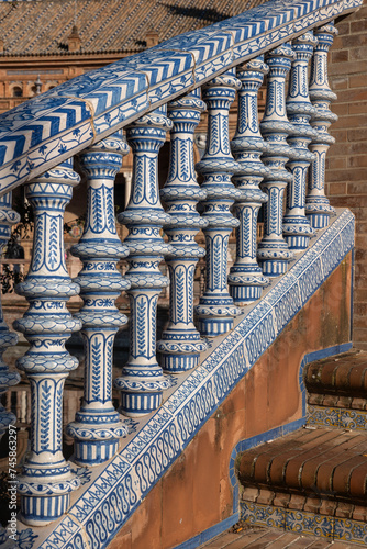  Bridge Balustrade Decorated With Azulejos Tiles At Plaza De Espana In Seville, Spain