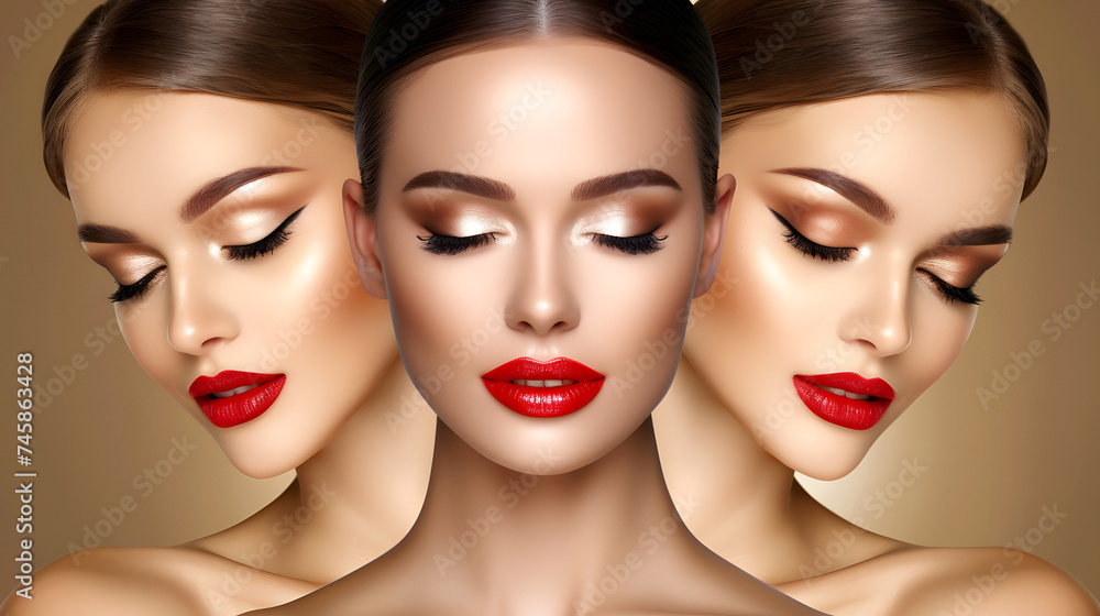 A composite image showcasing a model with a classic makeup look, featuring a perfect red lip, winged eyeliner, and a flawless skin finish.
