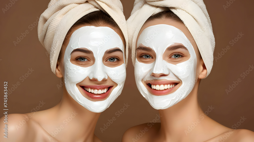 Smiling women with rejuvenating facial masks and wrapped hair towels enjoying a relaxing spa day on a neutral background.
