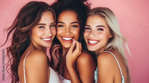 A diverse trio of joyful young women sharing a close, happy moment against a pink background. 