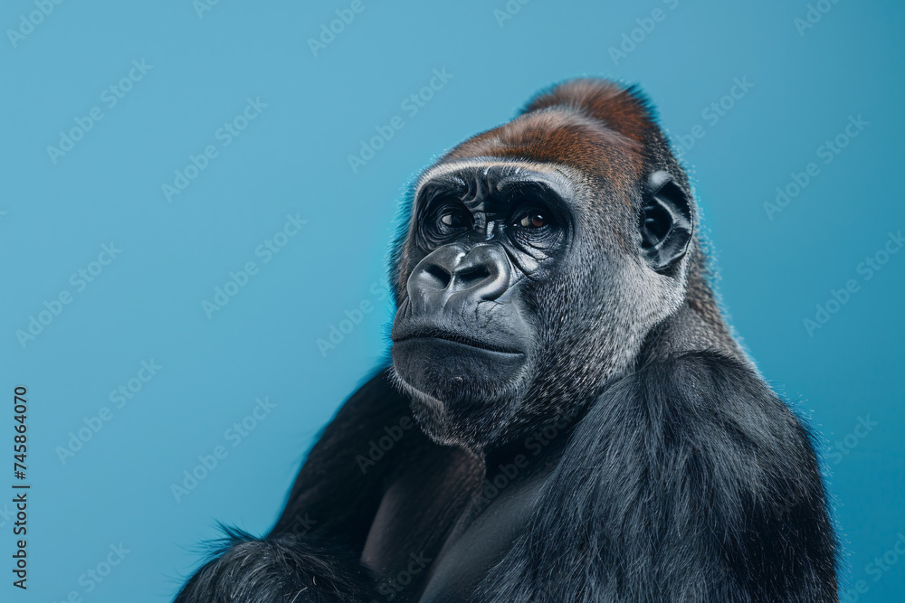 Gorilla with soulful eyes against a calm blue background Gorilla with soulful eyes against a calm blue background
