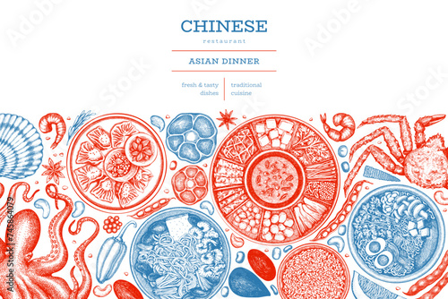 Chinese Cuisine Design Template. Vector Hand Drawn Asian Food Banner. Vintage Style Menu Illustration.