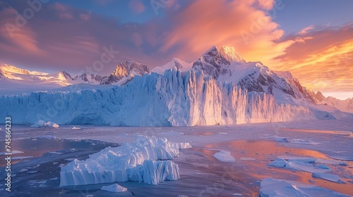 A breathtaking frozen landscape with a glacier under an orange and pink sunset  creating a serene  majestic atmosphere.