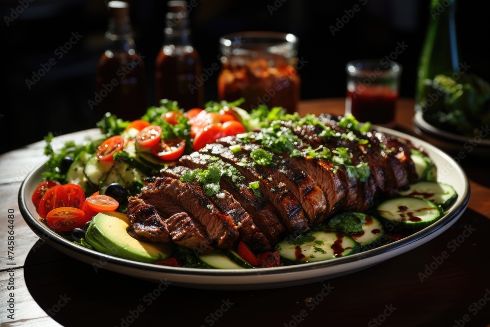 Grilled steak salad with vegetables and sauce. healthy food., generative IA