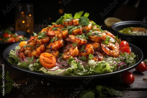 Fried shrimp salad with orange lettuce tomato and dark basil, generative IA