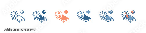 patient sleeping in medical bedroom icon set health treatment hospital with cross sign vector illustration for web and app