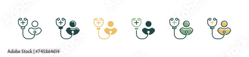 stethoscope tool icon set with patient heartbeat diagnose sign vector illustration