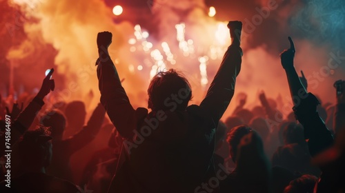 Event crowd. Hands raised. Celebration, event, concert, live show. Stadium. Arena. Happiness and excitement.