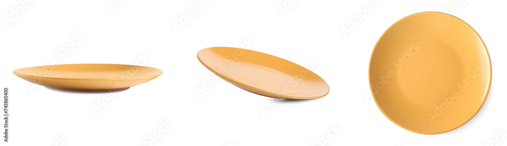 Orange ceramic plate isolated on white, set with different views Orange ceramic plate isolated on white, set with different views