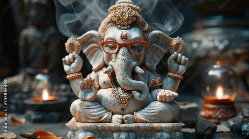 Fototapeta premium Vibrant Ganesha statue surrounded by swirling smoke in a serene setting depicting spirituality and devotion